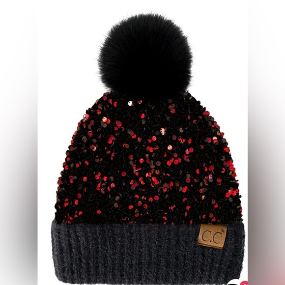 C.C Sequin Red Black Beanie with Black Pom-Pom Women One Size NWT main image 4